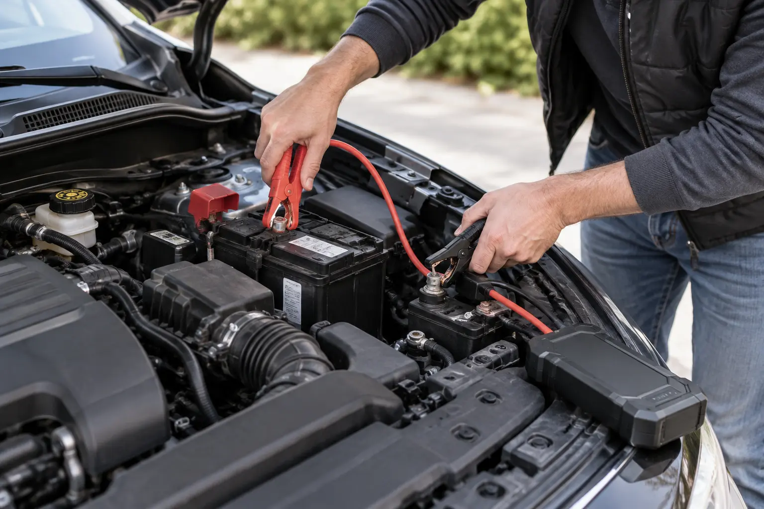 Technician connecting a jump starter to a car battery safely