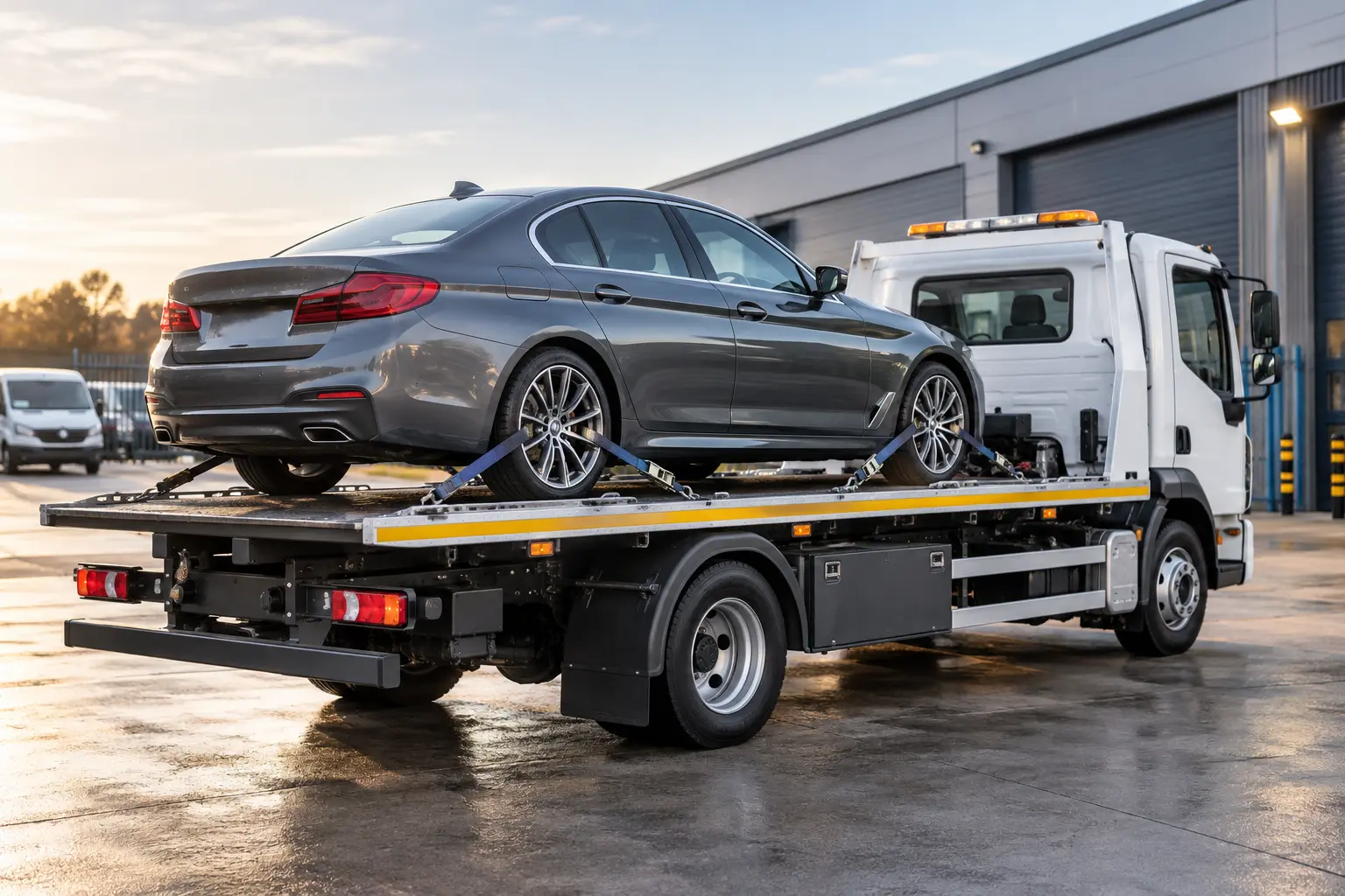 Car secured on a recovery flatbed for transport