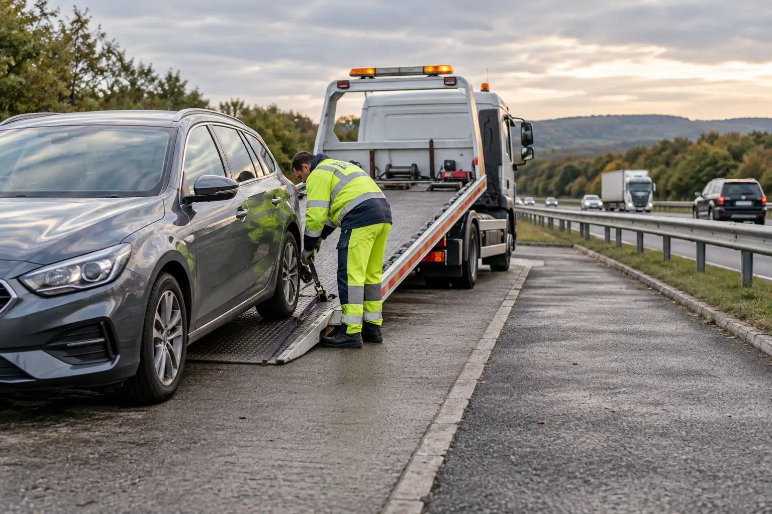 Recovery operator assisting a disabled car safely at the roadside