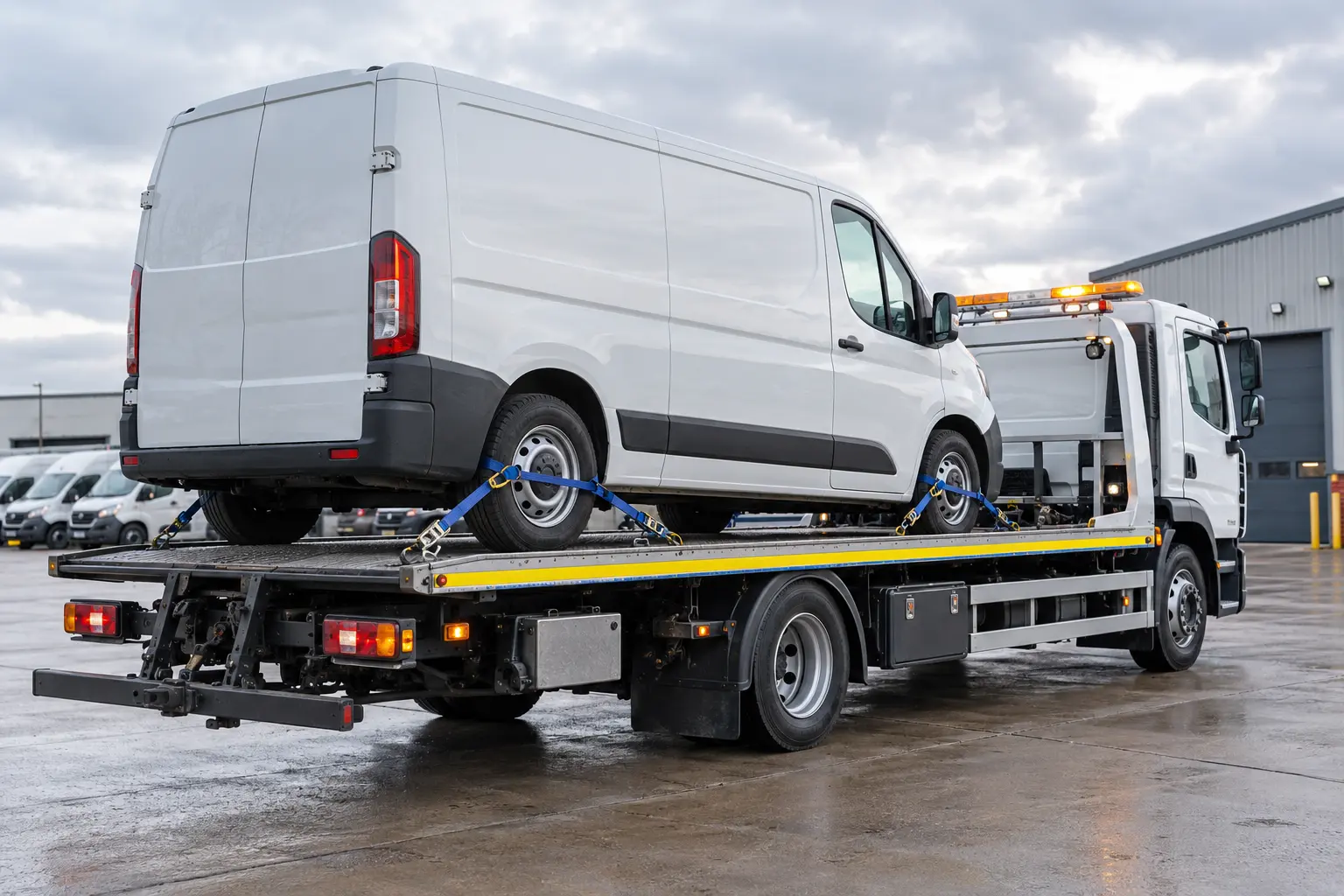 Panel van secured on a recovery truck