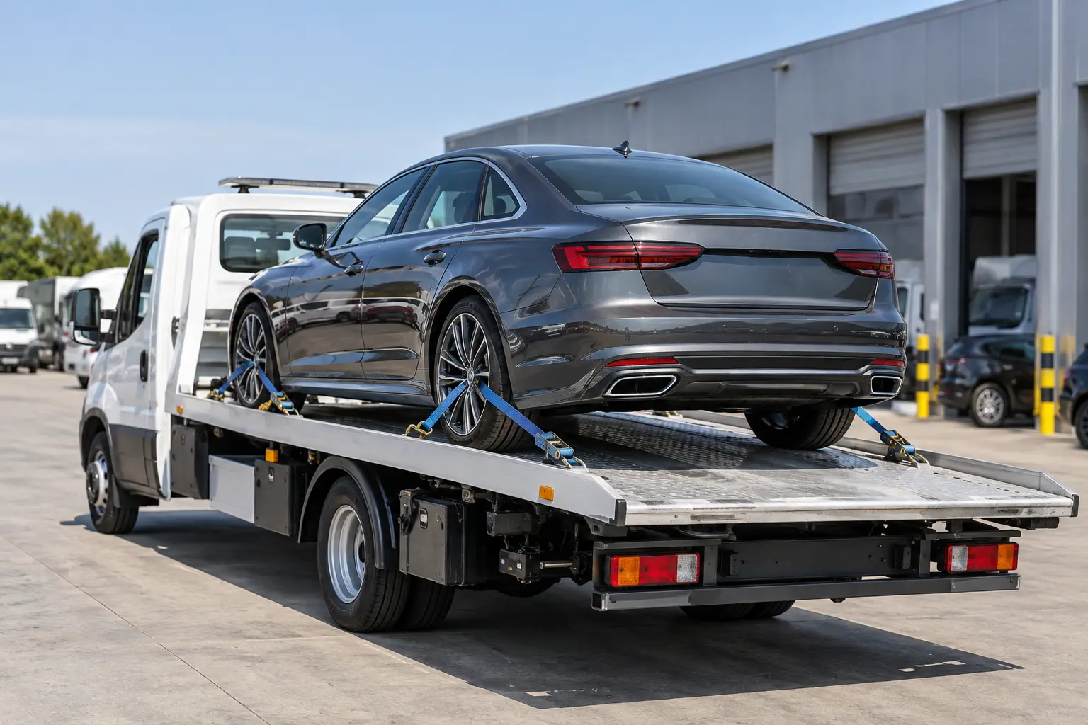 Car secured for planned transport on a recovery carrier